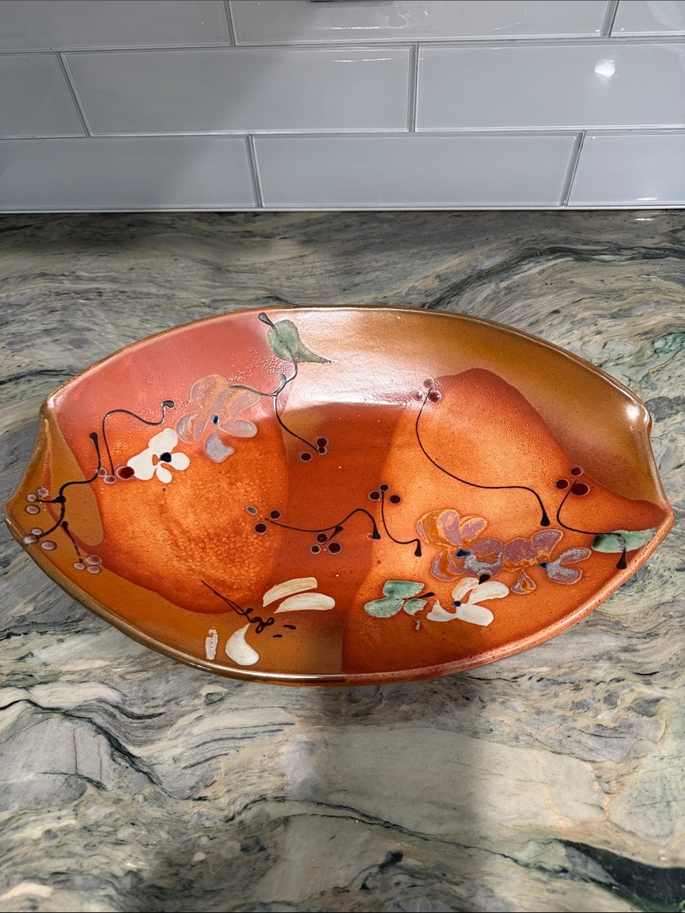 Hand-Painted Orange Floral Ceramic Serving Platter